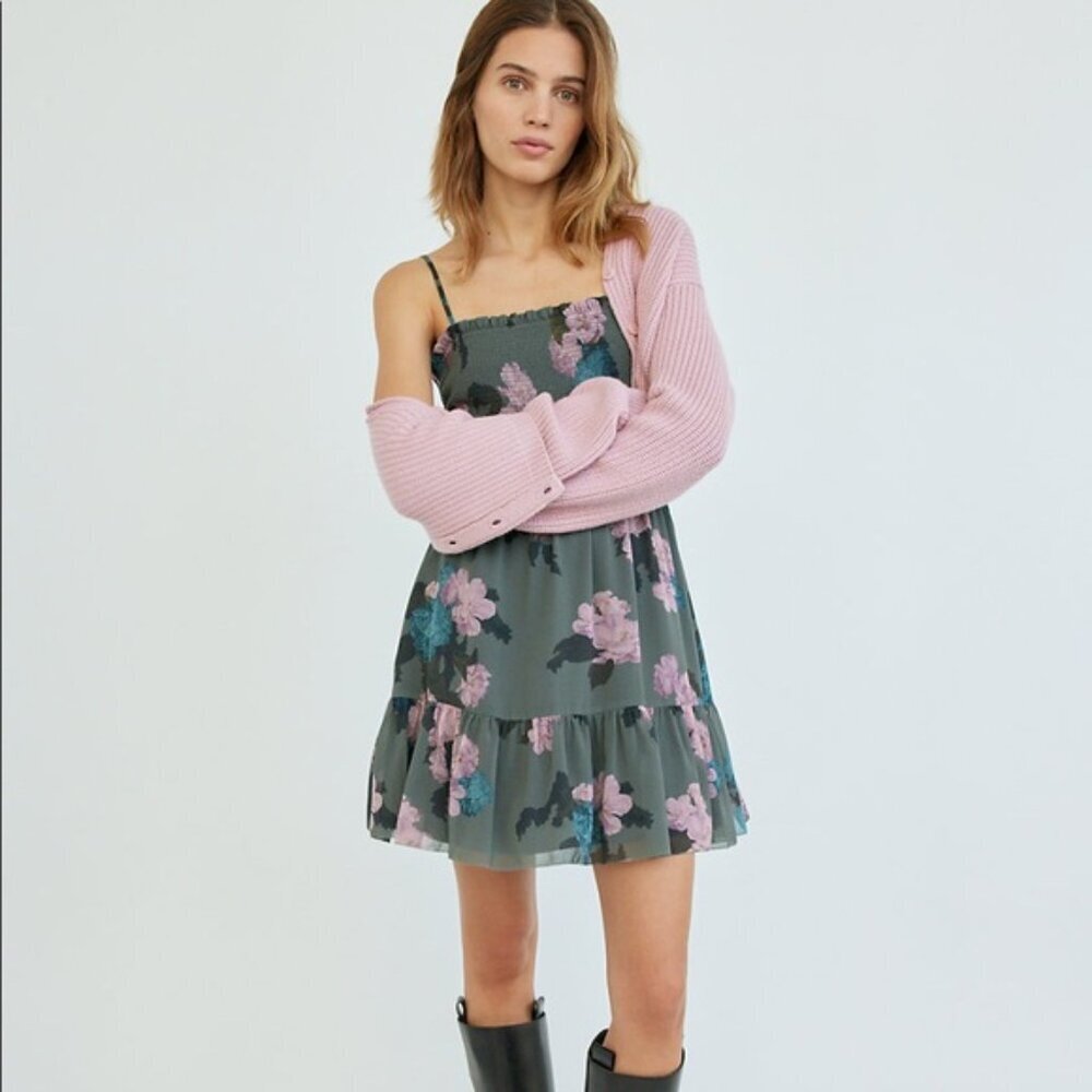 NWT‎ Aritzia Wilfred Catamaran Floral Elegant Charcoal Orchid Mini Dress M​​